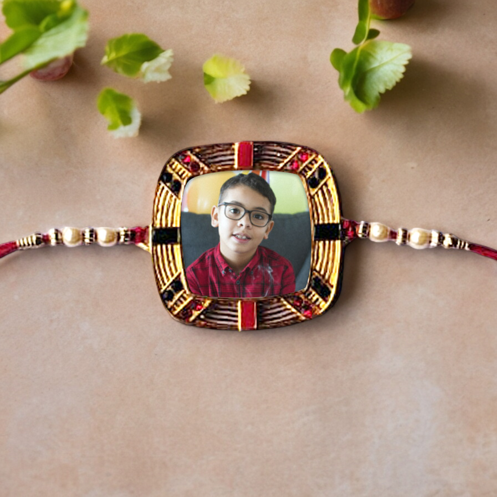 TRENDY RED AND GREEN STUDDED CUSTOM RAKHI