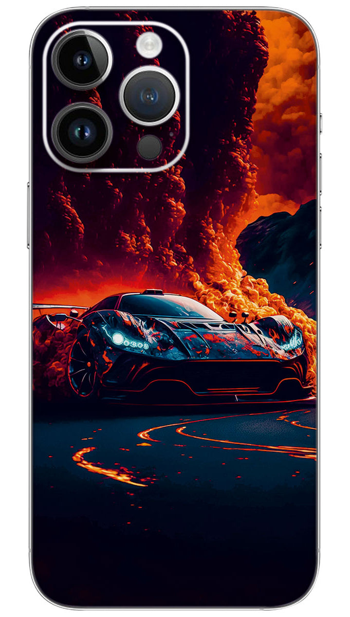 A fireball car is burning on a black Mobile Skin Wrap - VEH0087