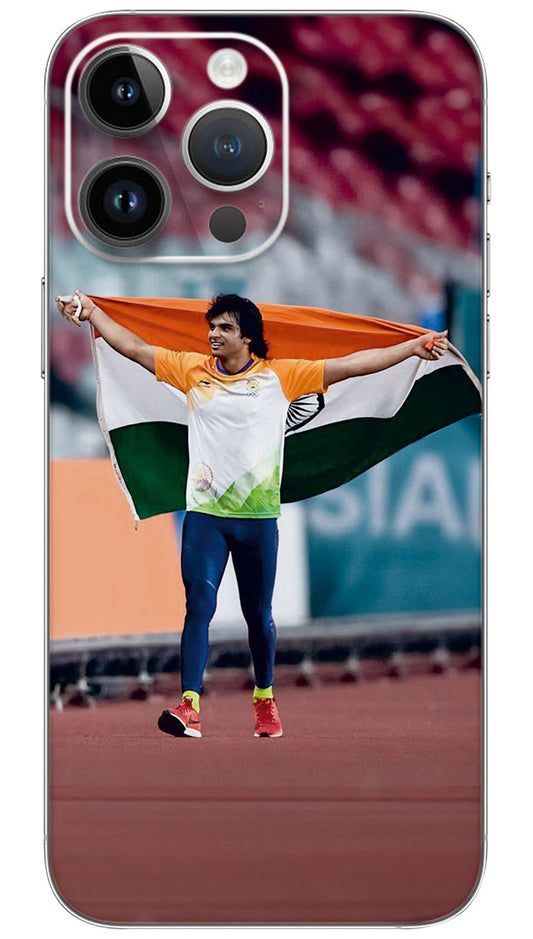 Neeraj Chopra with indian flag Mobile Skin Wrap  - SPOR0354