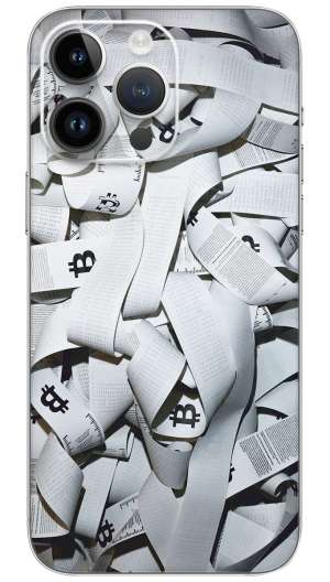 A pile of white ribbons with black letters Mobile Skin Wrap