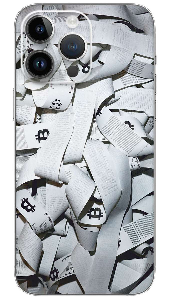 A pile of white ribbons with black letters Mobile Skin Wrap