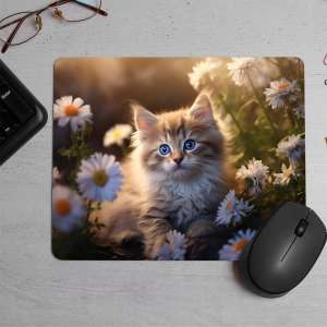 Cute kitten relexing on clouds Printed Mouse Pad