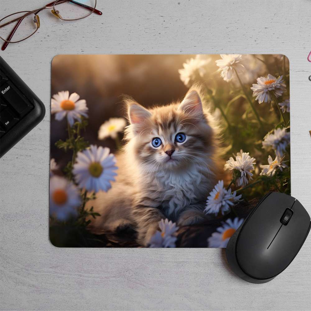 Cute kitten relexing on clouds Printed Mouse Pad