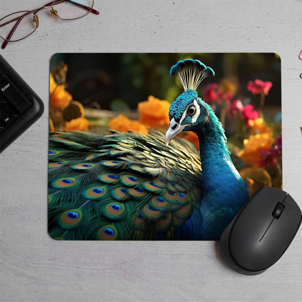 Majestic peacock displays vibrant colors Printed Mouse Pad
