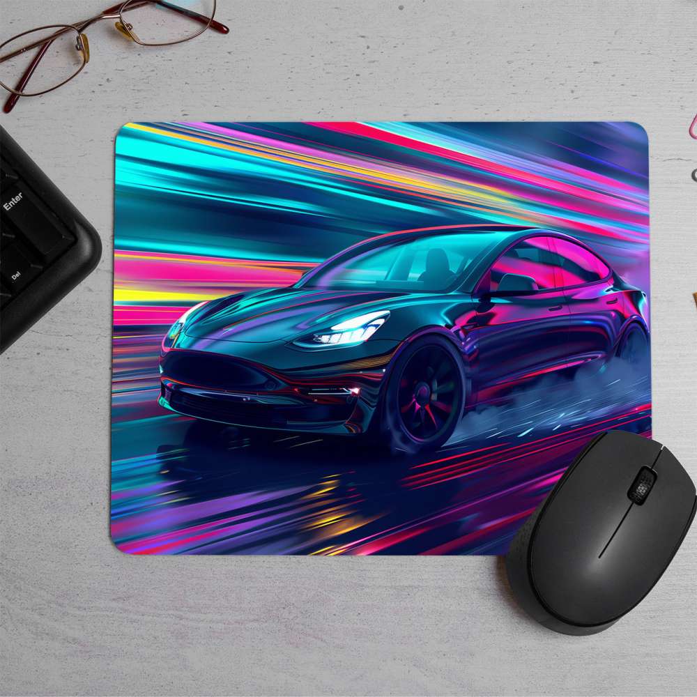 Tesla car surreal scenic neon Printed Mouse Pad