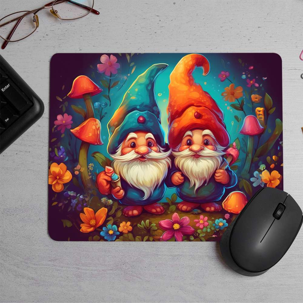 Two gnomes in garden Printed Mouse Pad