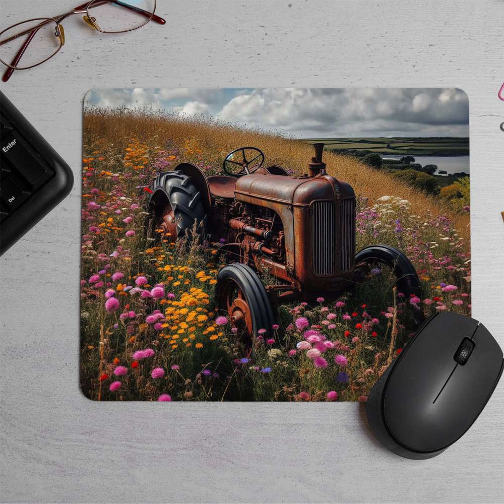 Vintage tractor with flower Printed Mouse Pad